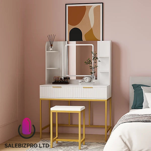 Dressing Table Set with LED Mirror, Side Shelves and Stool - White and Gold for Bedroom