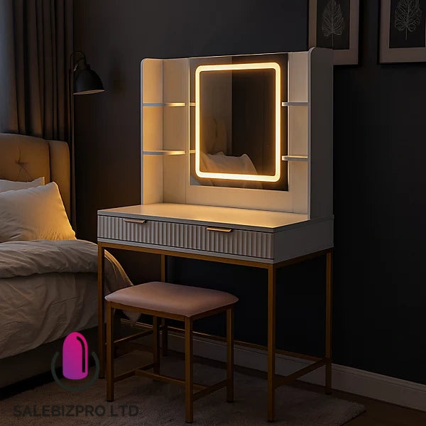 Dressing Table Set with LED Mirror, Side Shelves and Stool - White and Gold for Bedroom