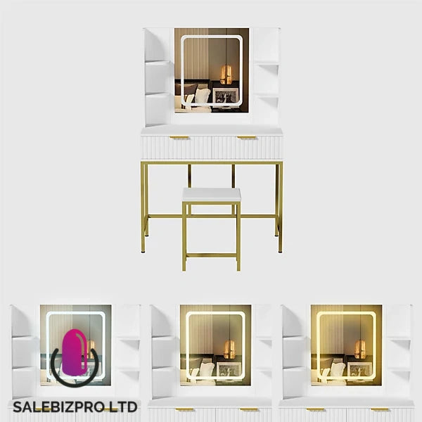 Dressing Table Set with LED Mirror, Side Shelves and Stool - White and Gold for Bedroom