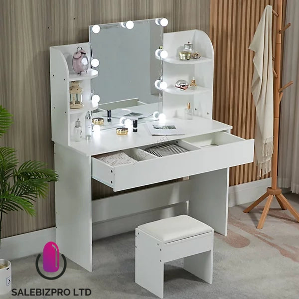 White Wood Vanity Makeup Dressing Table Set W/Stool Ample Storage Mirror LED
