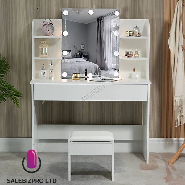 White Wood Vanity Makeup Dressing Table Set W/Stool Ample Storage Mirror LED