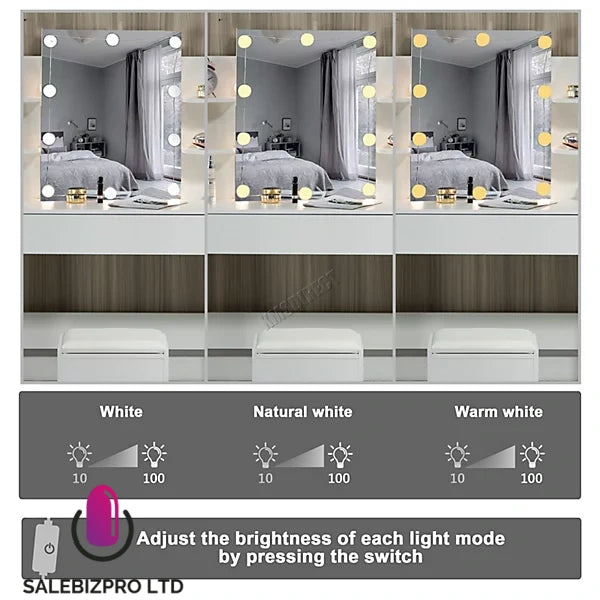 White Wood Vanity Makeup Dressing Table Set W/Stool Ample Storage Mirror LED