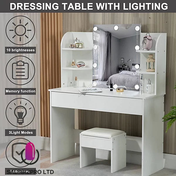 White Wood Vanity Makeup Dressing Table Set W/Stool Ample Storage Mirror LED