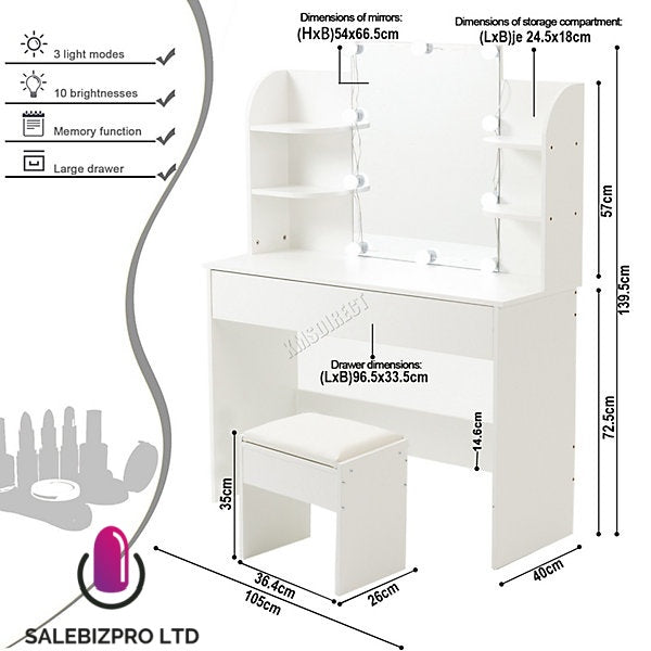 White Wood Vanity Makeup Dressing Table Set W/Stool Ample Storage Mirror LED